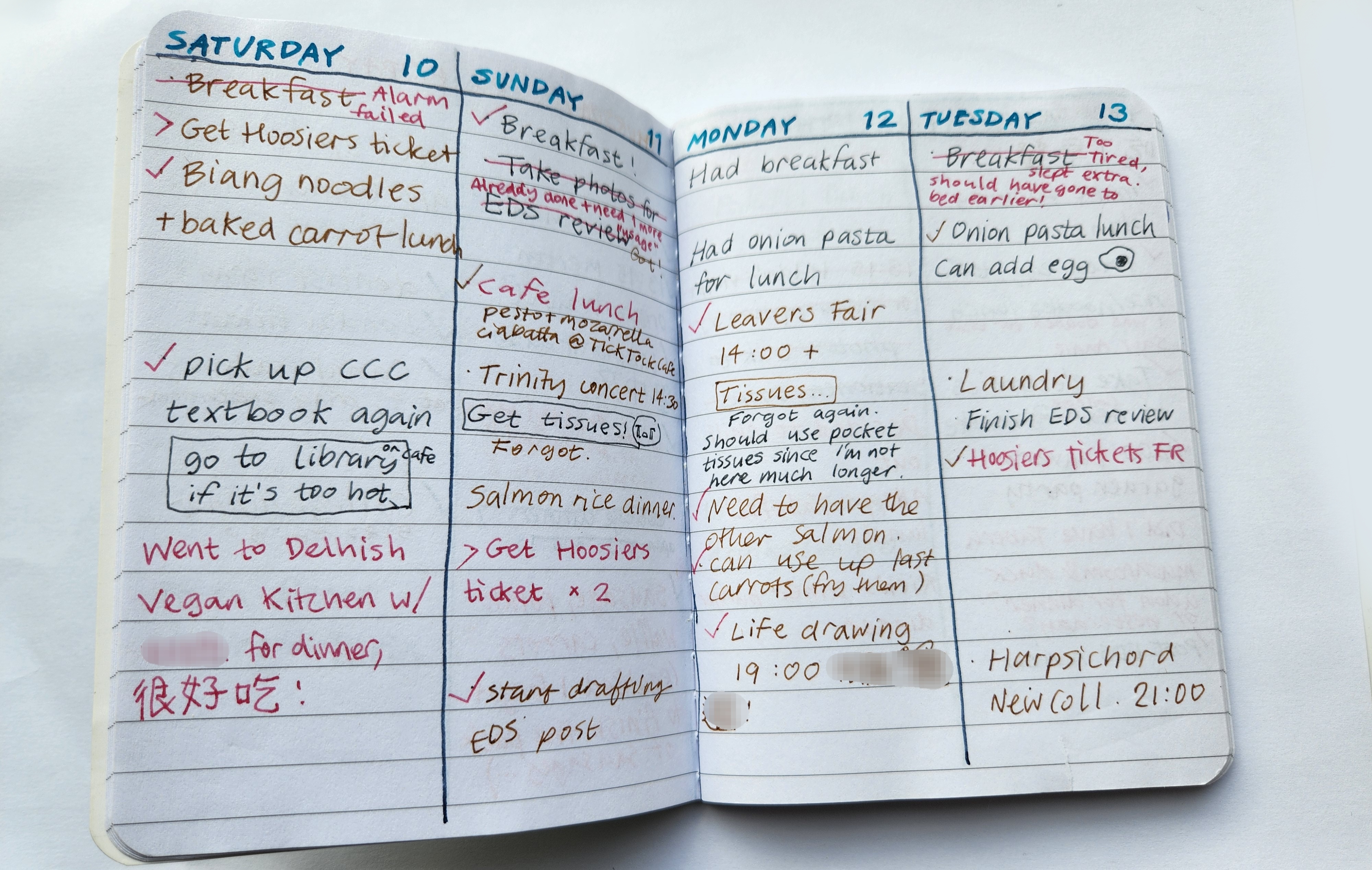 planner with notes about food, chores and events